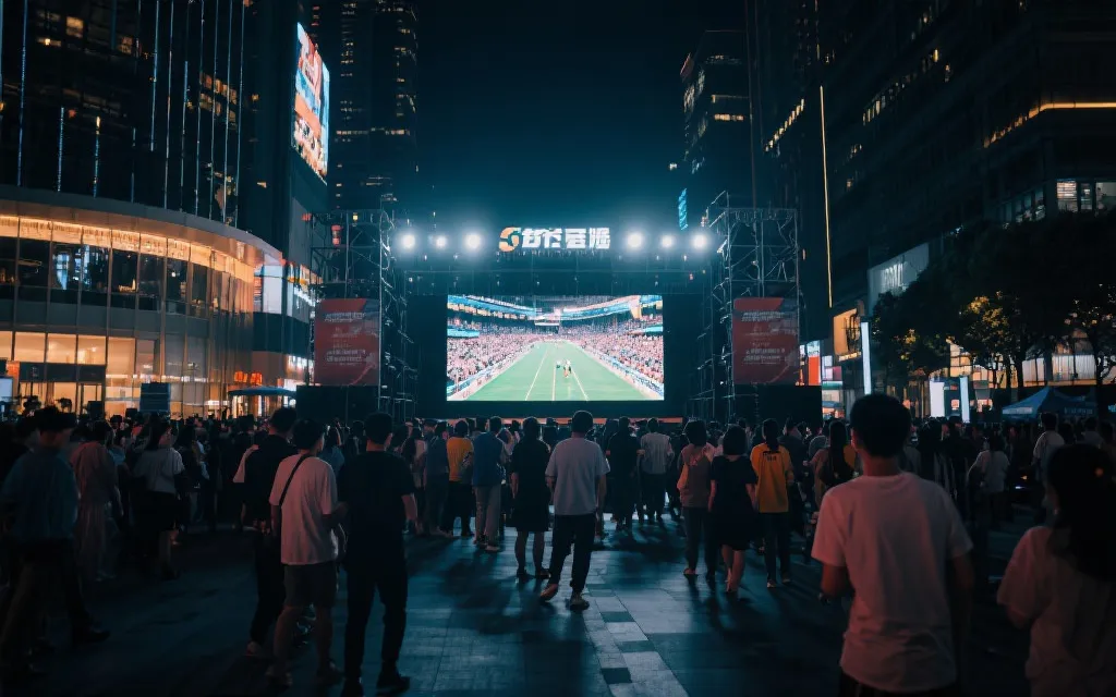 城市广场线下观赛活动的人群与大屏幕，赛后人群有序散场，纪录片风格